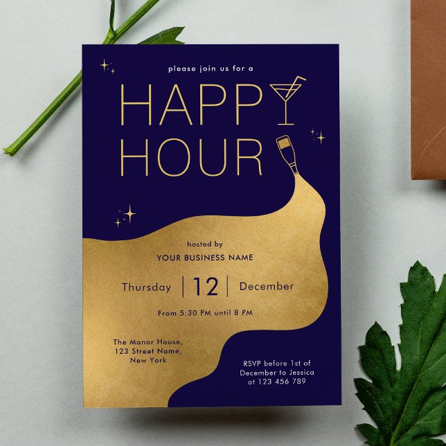 Moderne Navy & Gold Company Networking Happy Hour Einladung (Modern Navy & Gold Company Networking Happy Hour Invitation)