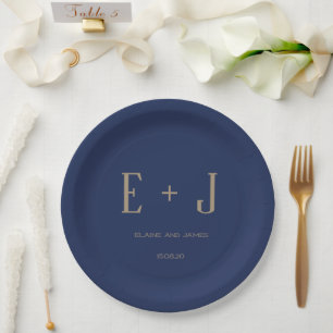 Moderne Navy Gold Name Monogram Wedding Party Pappteller