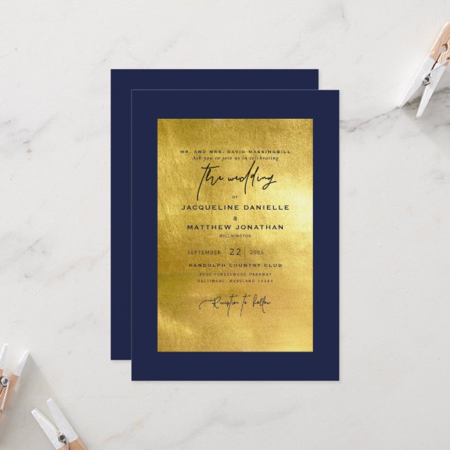 Moderne Navy & Metallic Gold Hochzeit Einladung (Vorderseite/Rückseite Beispiel)