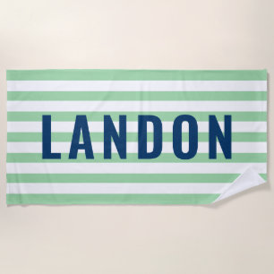 Moderne Navy-Mint-Streifen-Monogramm-Name Strandtuch