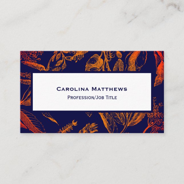 Moderne Navy Orange Blätter floral Visitenkarte (Vorderseite)