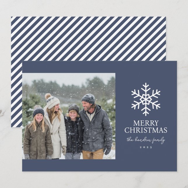Moderne Navy-Schneeflocken-Weihnachtsfoto Feiertagskarte (Vorne/Hinten)