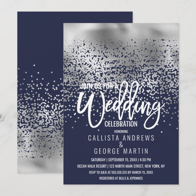 Moderne Navy Silver Foil Confetti Ombre Wedding Einladung (Vorne/Hinten)