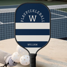 Moderne Navy Sommer Küstenstreifen Monogramm Pickleball Schläger