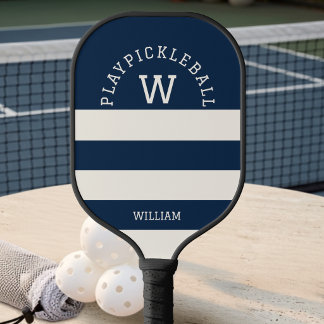 Moderne Navy Sommer Küstenstreifen Monogramm Pickleball Schläger