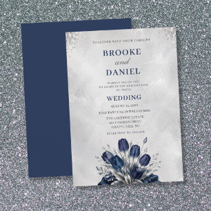 Moderne Navy Tulpen Silber Garten Seide Hochzeit Einladung