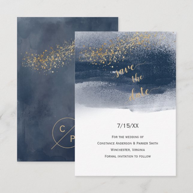 Moderne Navy- und Gold-Pinselstriche Save the Date (Vorne/Hinten)
