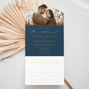 Moderne Navy- und Goldfolien-Schrift-Foto-Hochzeit All-in-One-Einladung