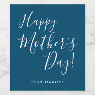 Moderne Navy & White Happy Mother's Day Script Weinetikett