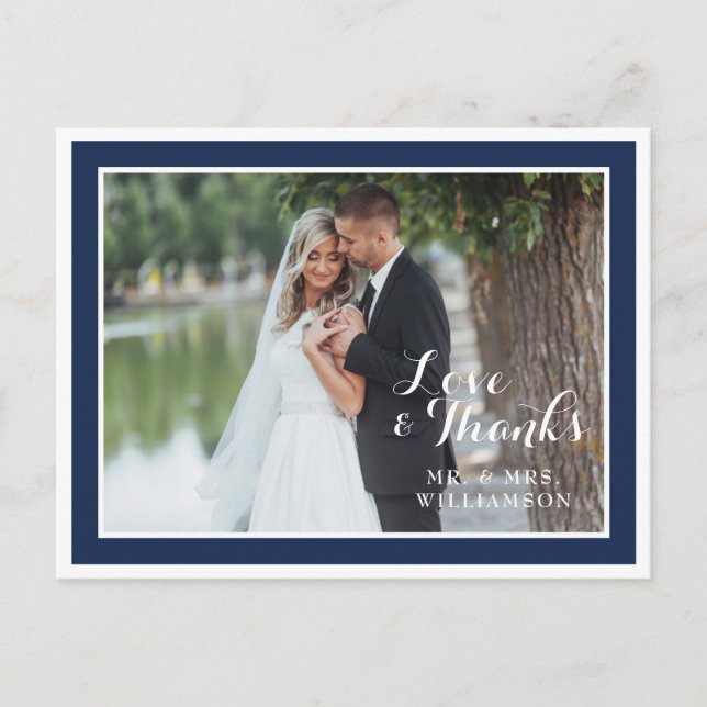 Moderne Navy White Wedding Vielen Dank Foto Postca Postkarte (Vorderseite)