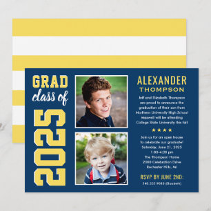 Moderne Navy Yellow Two Fotos Graduation Party Einladung