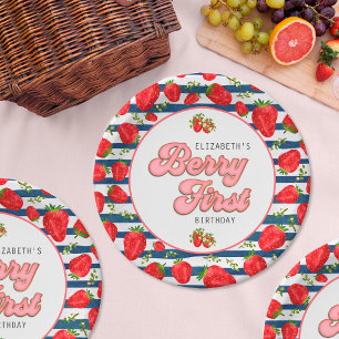 Moderne Navyblau und Weiße Streifen Berry First Pappteller