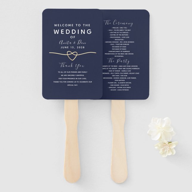 Moderne Navyblaue Hochzeitsprogramme Fächer (Vorne und Hinten)