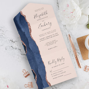 Moderne Navyblaue Roségold-Achat-Rosé-Hochzeit All In One Einladung