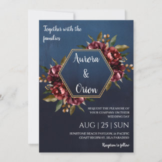 moderne navyblaue und burgunderrote Hochzeitseinla Einladung