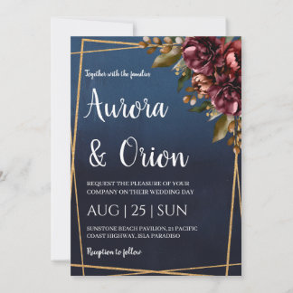 moderne navyblaue und burgunderrote Hochzeitseinla Einladung