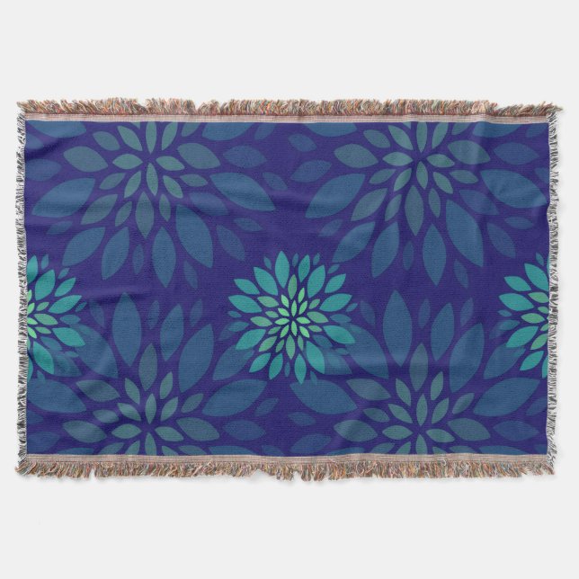 Moderne Navyblaue und grüne Blumenblattmuster Decke (Vorderseite)