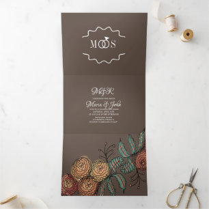 Moderne Nelken-Blumen-Tinte Botanical Hochzeit Dreifach Gefaltete Einladung