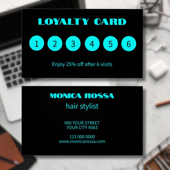 Moderne Neon Blue Black Loyalty Cards (Von Creator hochgeladen)