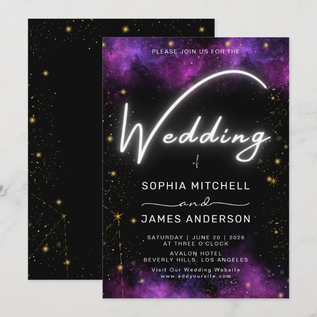 Moderne Neon Light Galaxy Lila Hochzeit Einladung (Vorne/Hinten)