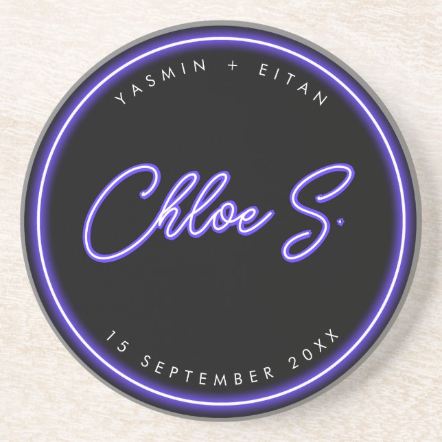 Moderne Neon Lila Script Name Gastgeschenk Hochzei Getränkeuntersetzer (Vorne)