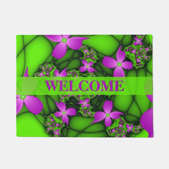 Moderne Neon Pink Green Fraktal Art Blume Willkomm Fußmatte (Vorderseite)