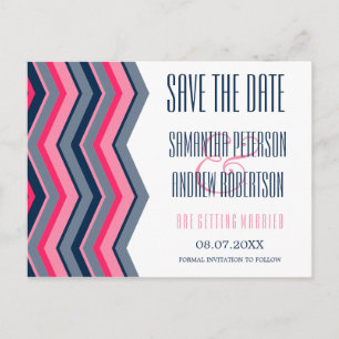Moderne Neon rosa Marineblau Zickzack Save the Dat Ankündigungspostkarte