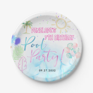 Moderne Neonglow-Wasserfarbe Poolparty-Geburtstag Pappteller