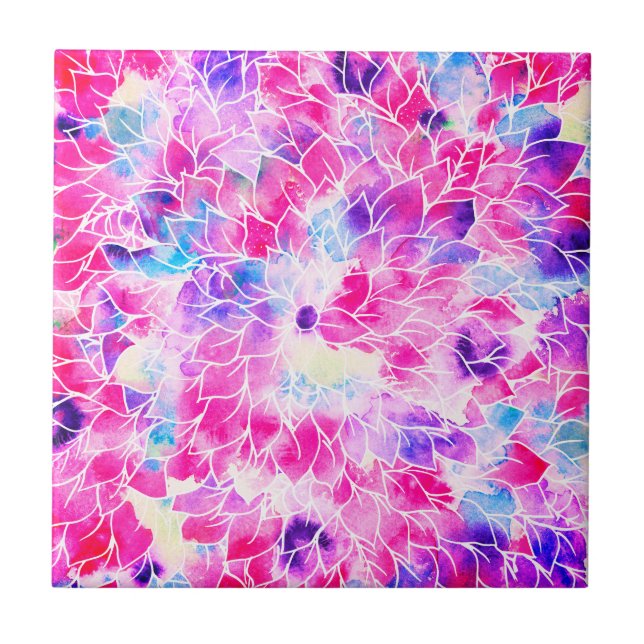 Moderne neonrosa aquamarine Lila Aquarell Blüten Fliese (Vorderseite)