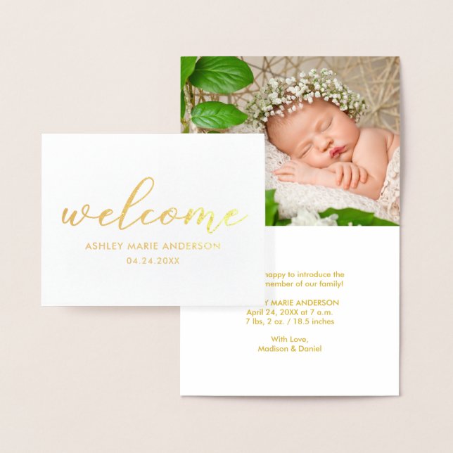 Moderne neue Baby Welcome Foto Gold Foil Note Card Folienkarte (Anzeige)