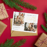 Moderne neue Zuhause für die Ferien zwei Fotos in  Folien Feiertagspostkarte<br><div class="desc">Moderne und elegante Foto Moving Announcement Postcard mit einem zeichn von drei niedlichen grünen Weihnachtsbaum,  lässigen Kalligraphie Schrift Schriften Schriften und zwei familiären Fotos,  die Sie personalisieren können.</div>