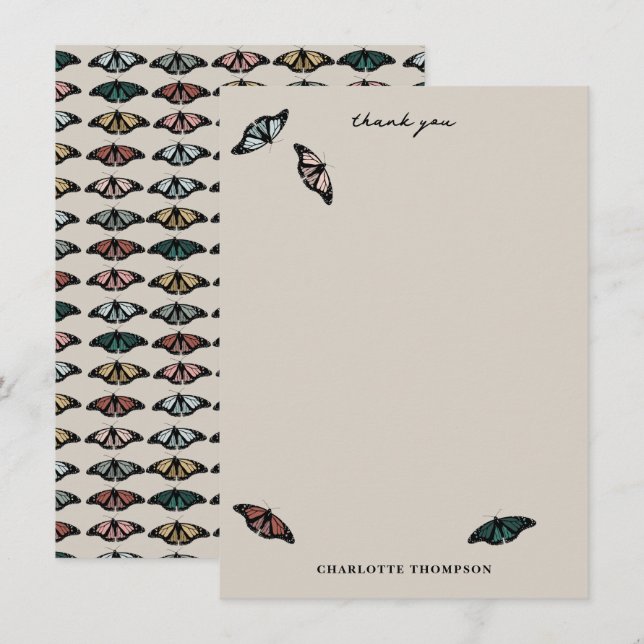 Moderne neutrale Schmetterlinge Gartenmuster Dankeskarte (Vorne/Hinten)