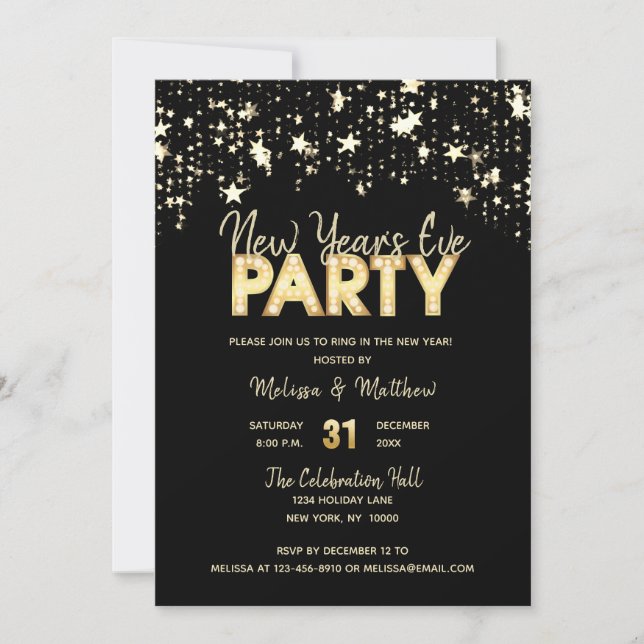 Moderne NEW YEAR'S EVE Party Gold Glitzer Lights Einladung (Vorderseite)