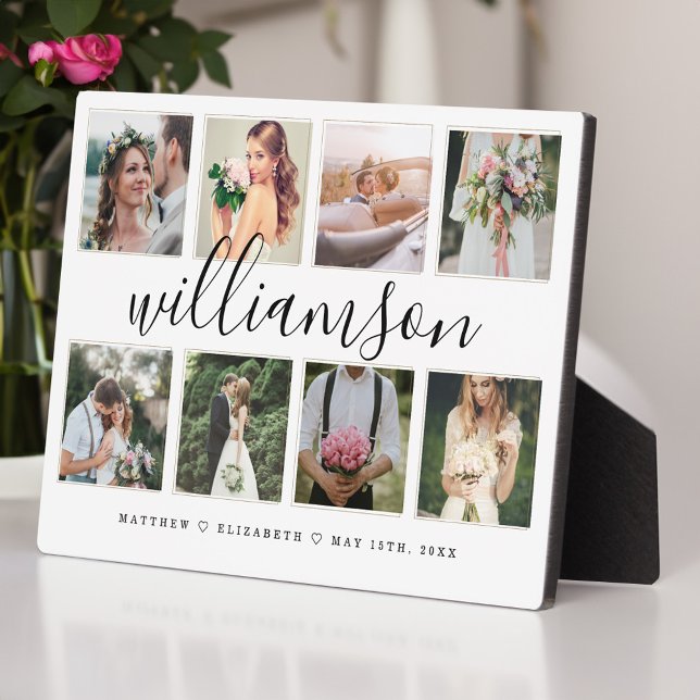 Moderne Newlyweds Hochzeitfoto Collage Keepake Fotoplatte (Modern Newlyweds Wedding Photo Collage Keepsake Plaque)