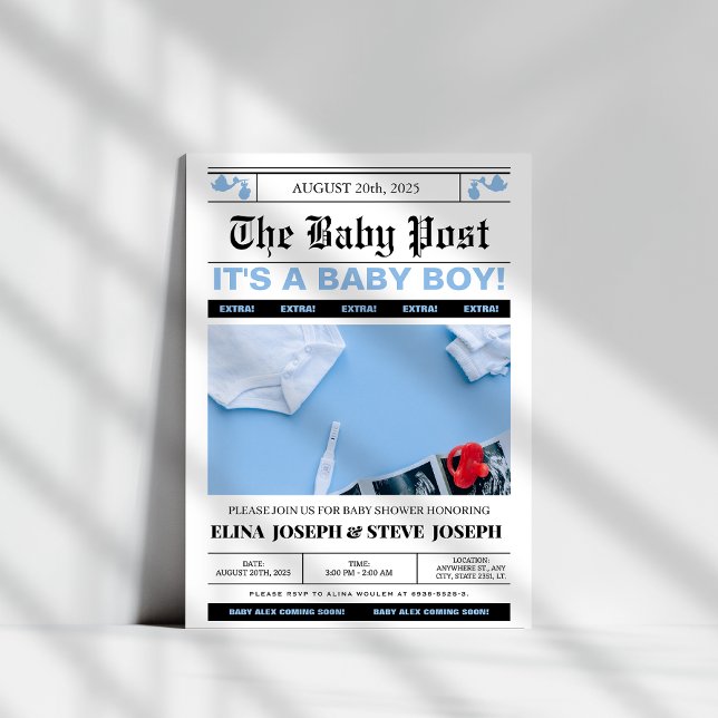 Moderne Newspaper Foto Boy Baby Dusche Einladung (Von Creator hochgeladen)