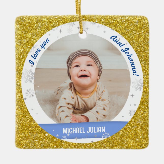Moderne Niedliche 2 Fotos Baby Boy Erste Weihnacht Keramikornament (Vorderseite)