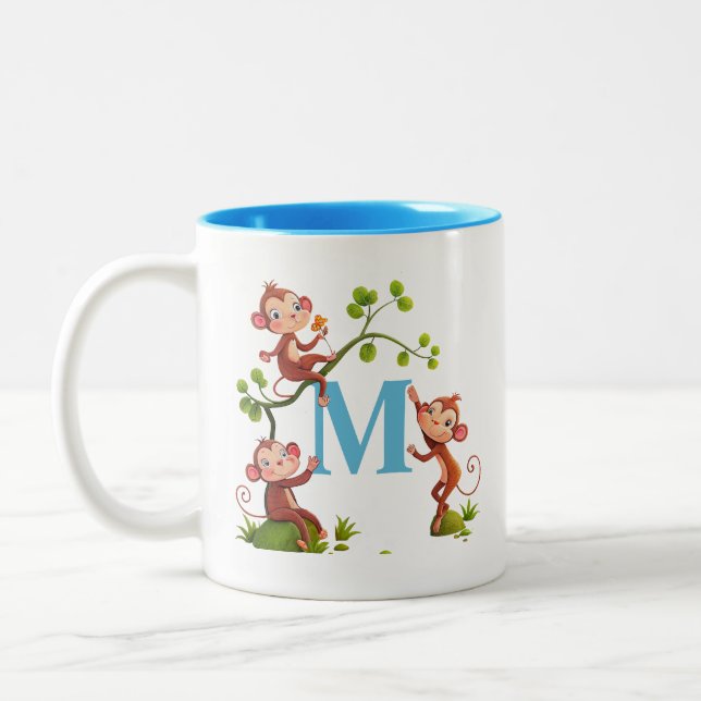 Moderne Niedliche Affen und Türkisfarben Erste Tas Zweifarbige Tasse (Links)