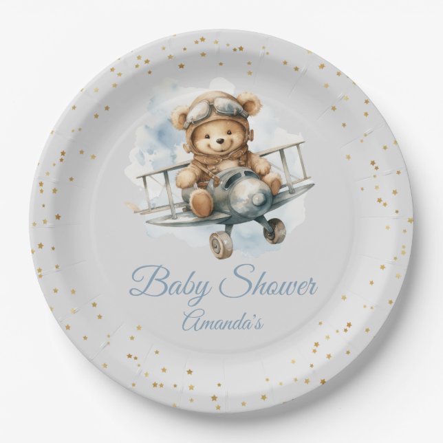 Moderne niedliche Boho Blue Teddy Bear Boy Babydus Pappteller (Vorderseite)