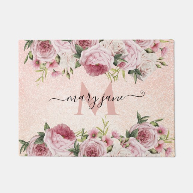 Moderne niedliche Girl Pink Glitzer Rose Gold Blum Fußmatte (Vorderseite)