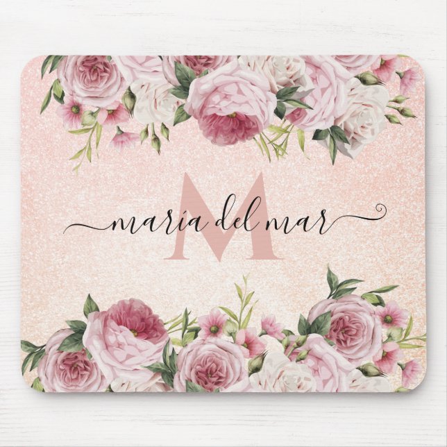 Moderne niedliche Girl Pink Glitzer Rose Gold Blum Mousepad (Vorne)