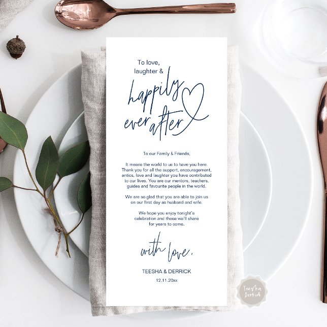 Moderne niedliche, hochzeitliche Umgebung dank Kar Programm (Modern cute, Wedding Place Setting Thank You Card, Hand drawn Heart, in Navy Blue)