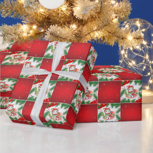 Moderne Niedliche Katze Santa Xmas Holly Schachbre Geschenkpapier