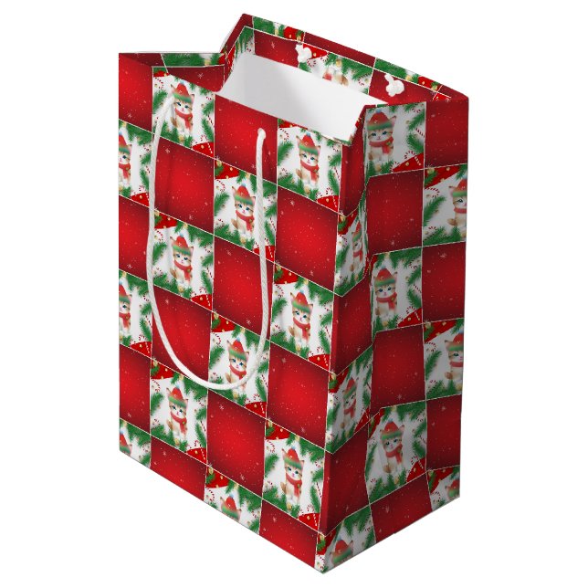 Moderne Niedliche Katze Santa Xmas Holly Schachbre Mittlere Geschenktüte (Rückseite Schrägansicht)