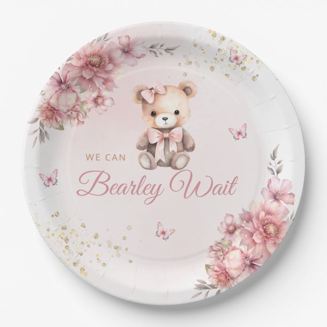 Moderne Niedliche Pink Boho Teddy Bear Girl Babydu Pappteller (Vorderseite)