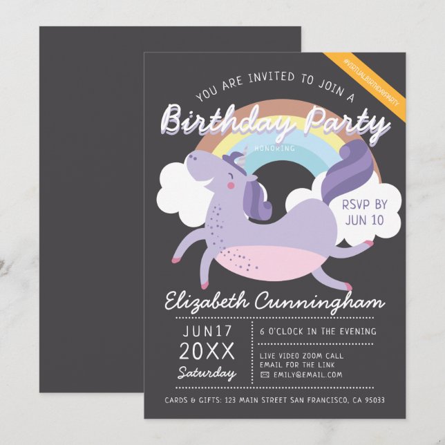Moderne Niedliche Rainbow Unicorn Virtual Birthday Einladung (Vorne/Hinten)