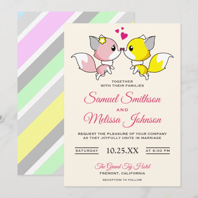 Moderne Niedliche Romantik Fox Couple Hochzeit Ein Einladung (Vorne/Hinten)