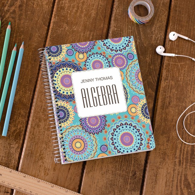 Moderne, Niedliche, trendige, farbenfrohe Musterkl Notizblock (Personalized mandala class subject notebook with colorful boho geometric pattern design.)