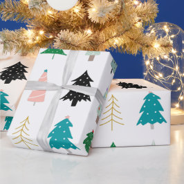 Moderne niedliche Weihnachtsbäume in weißem Grün Geschenkpapier