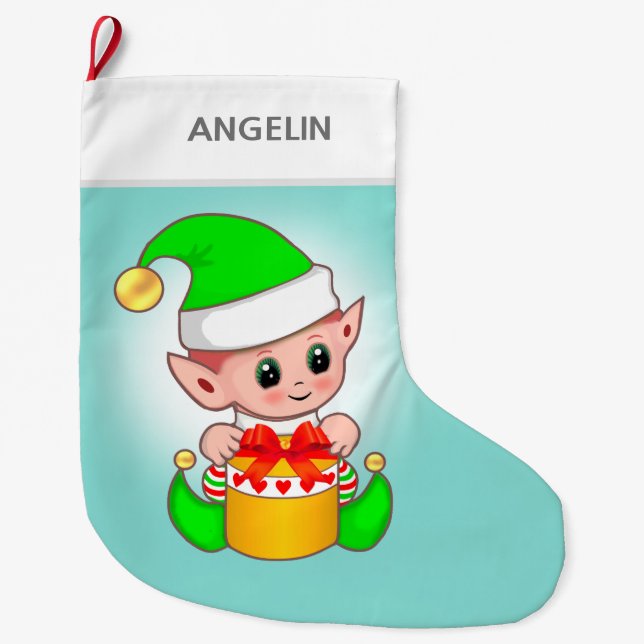Moderne niedliche Weihnachtself auf hellblau Großer Weihnachtsstrumpf (Vorderseite)