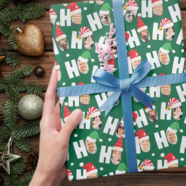 Moderne Niedliche Weihnachtsmannmützen Neun Fotos Geschenkpapier (Von Creator hochgeladen)